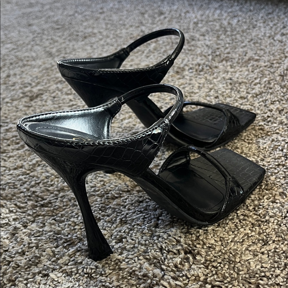 So Me Black Croc-Embossed Square Toe Strappy High Heels - Picture 3 of 6